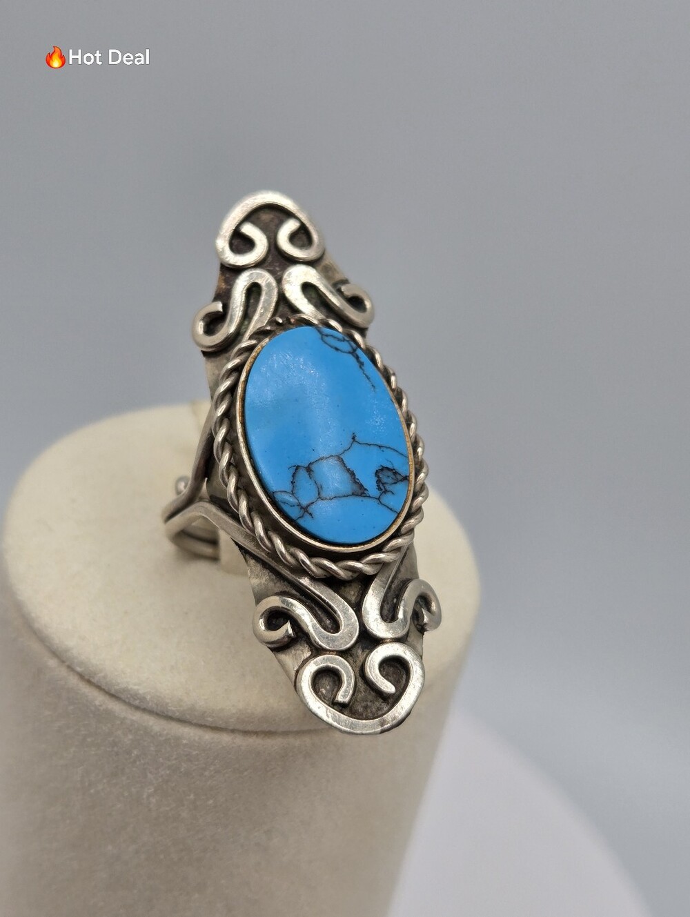 Turquoise Adjustable Ring Silver Tone Southwestern Boho Size 6 Vintage